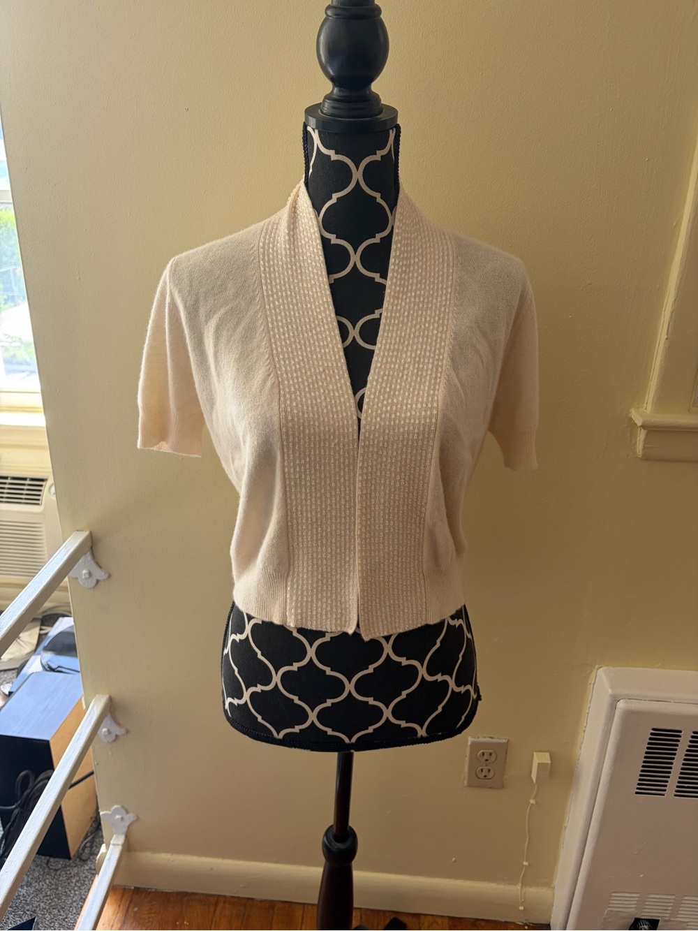 Coquette Cashmere Cream Short-Sleeve Open Front Beaded Sweater